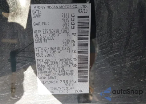 2019 Nissan Rogue Sv z USA, uszkodzony, nr VIN 5N1AT2MV5KC798442